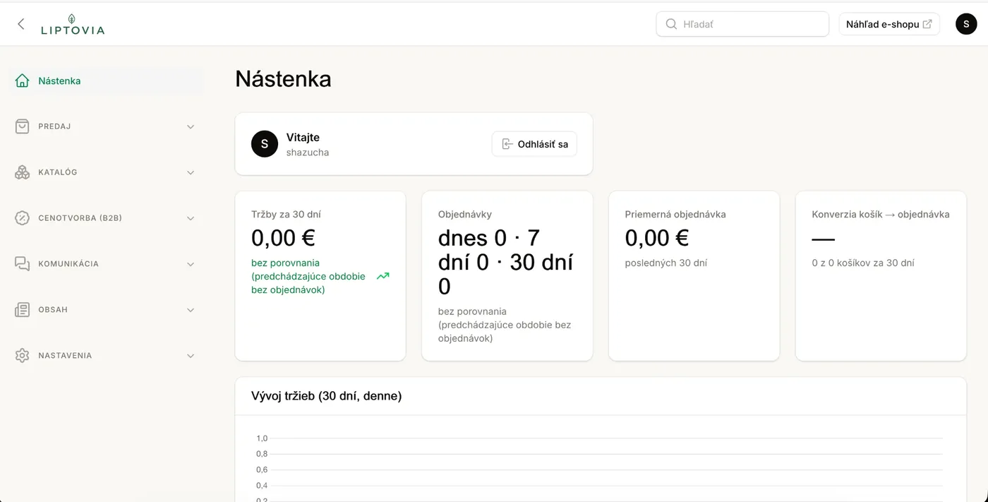 Administrácia e-shopu – nástenka s tržbami, objednávkami a konverziou