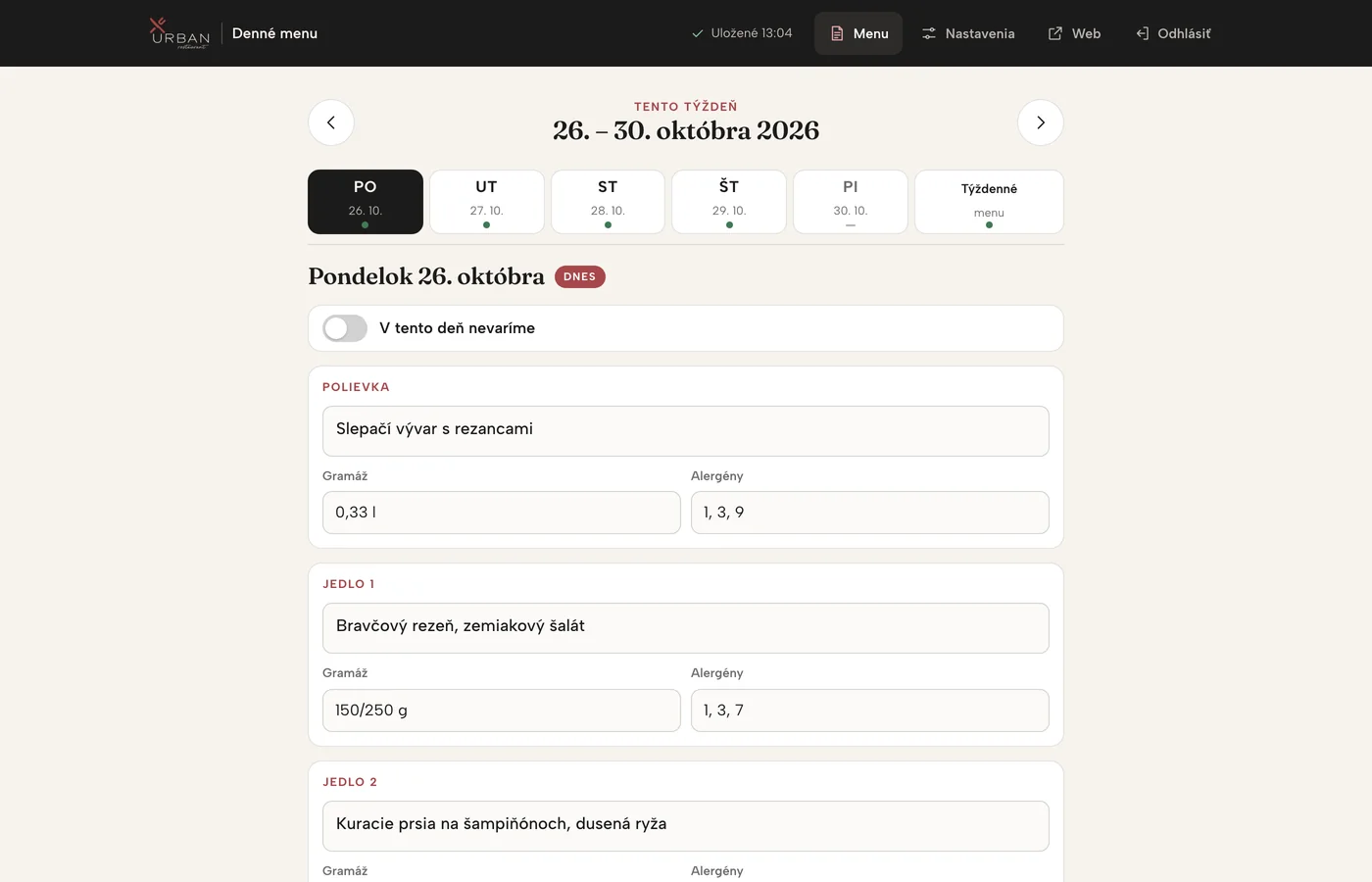 Administrácia denného menu – týždeň po dňoch, polievka a tri jedlá, automatické ukladanie