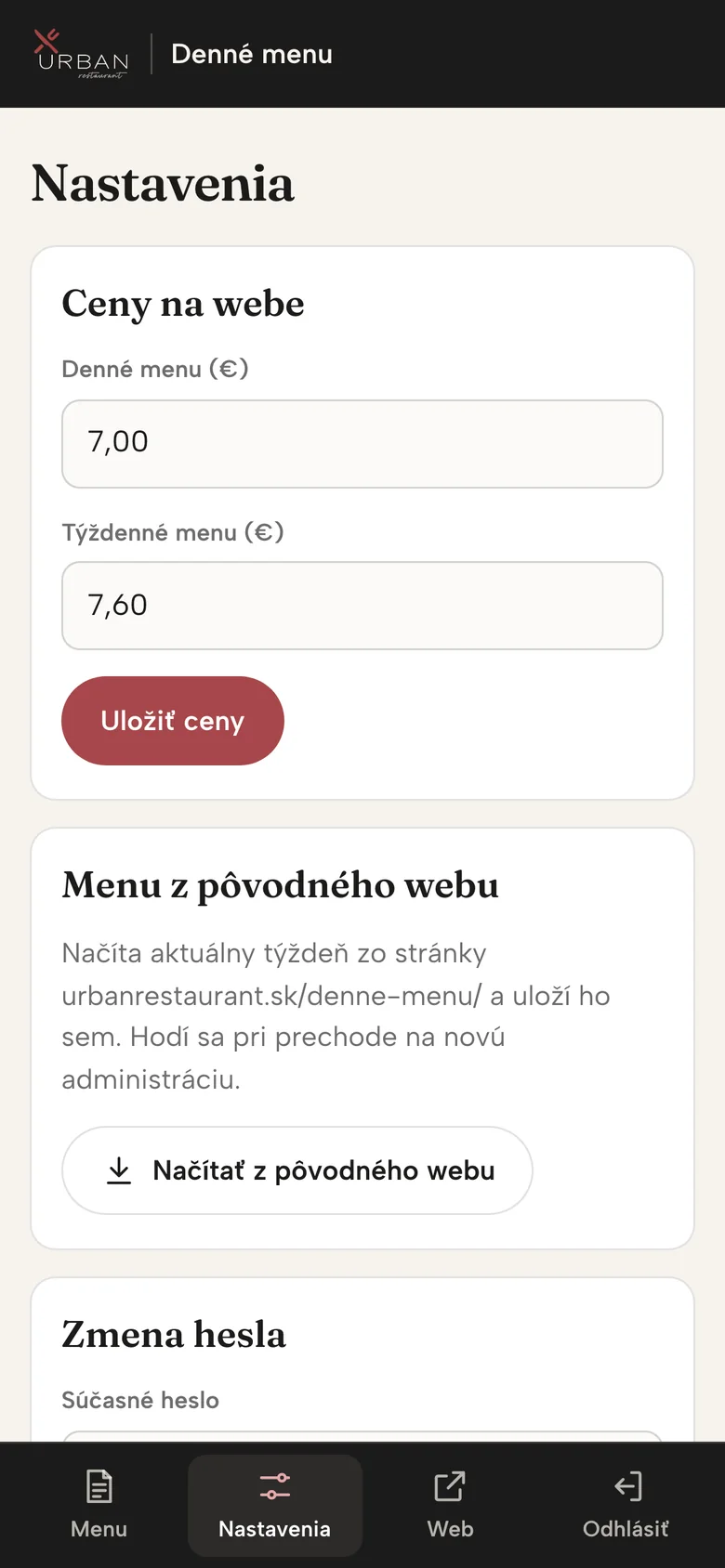 Nastavenia v mobile