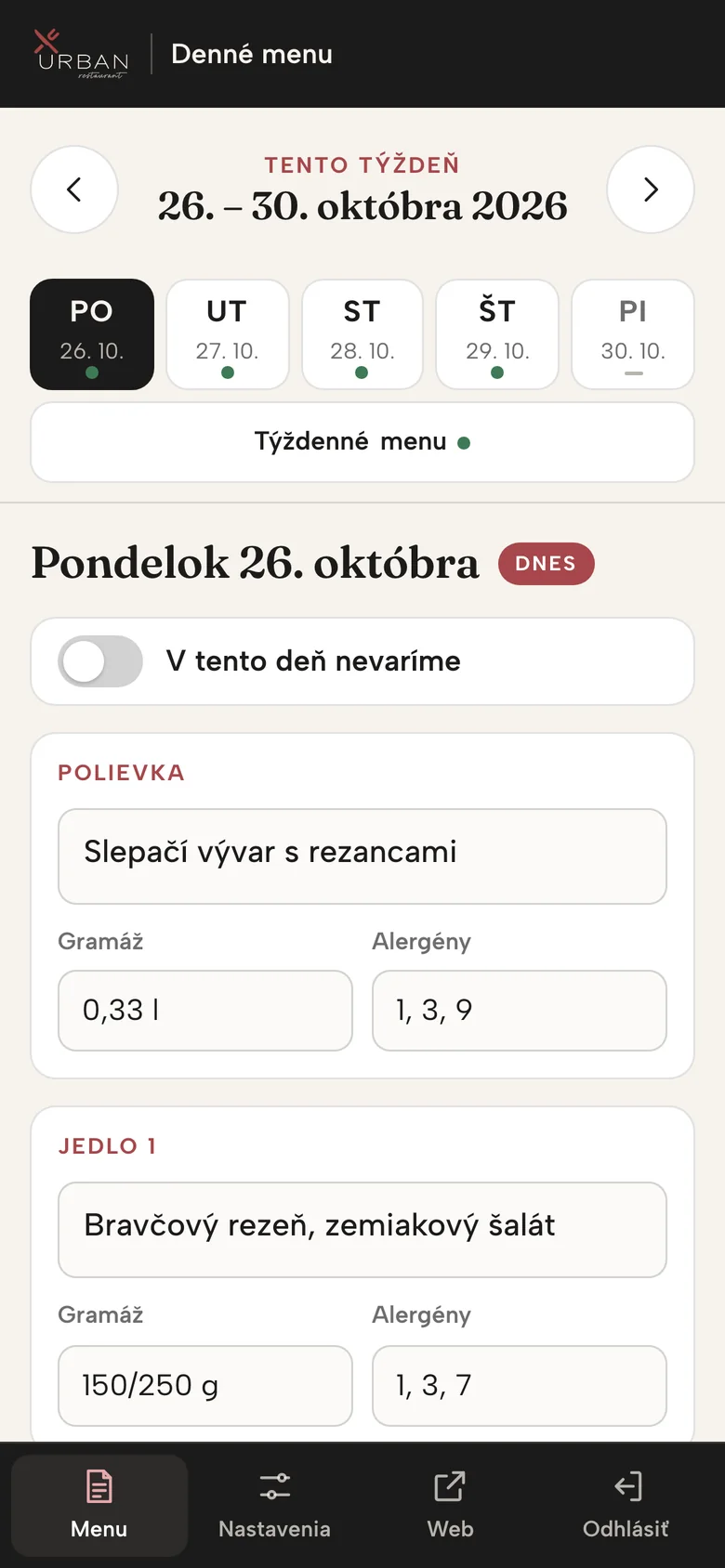 Prehľad týždňa v mobile so spodnou lištou