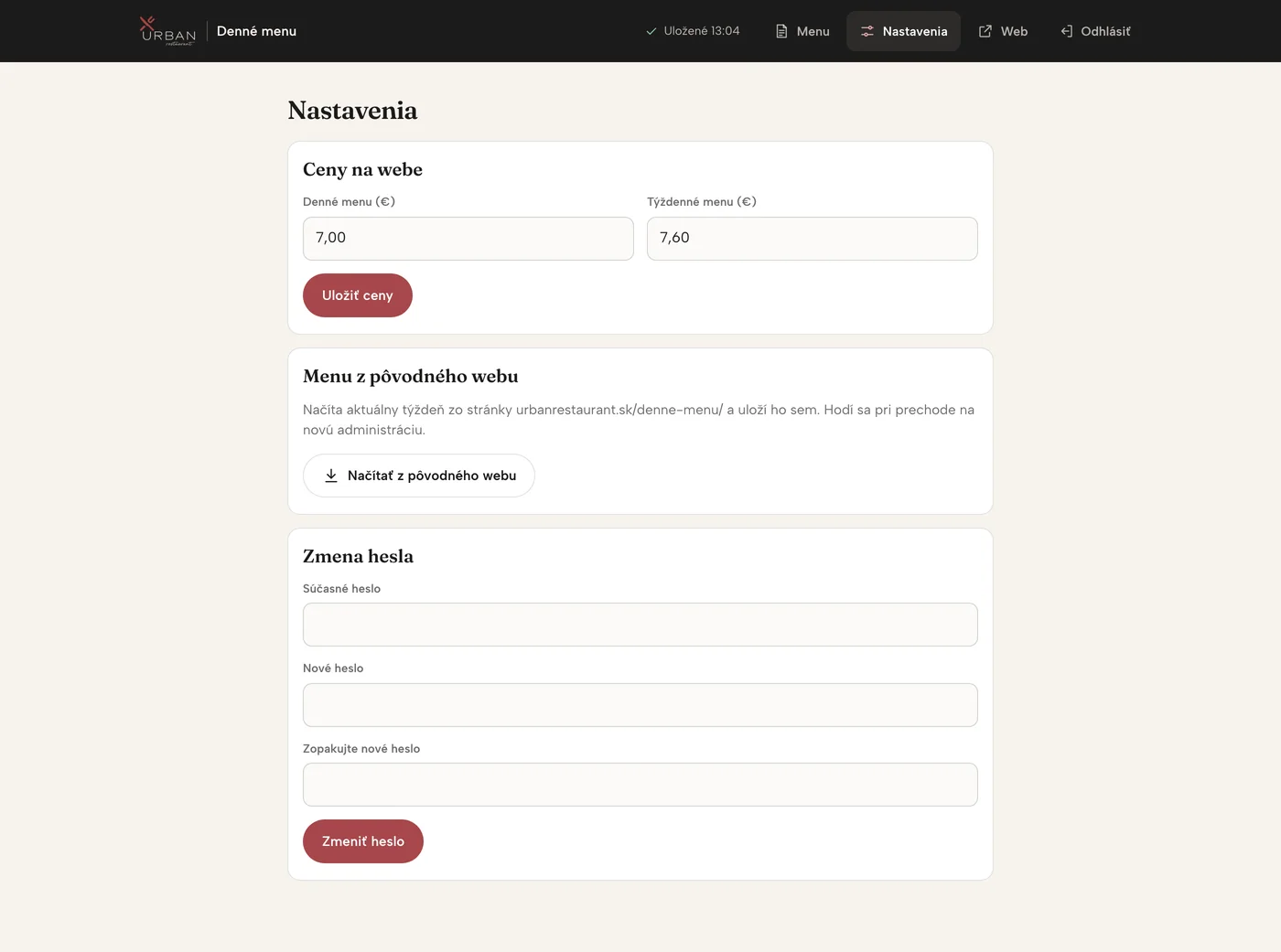 Nastavenia – ceny na webe, menu z pôvodného webu a zmena hesla