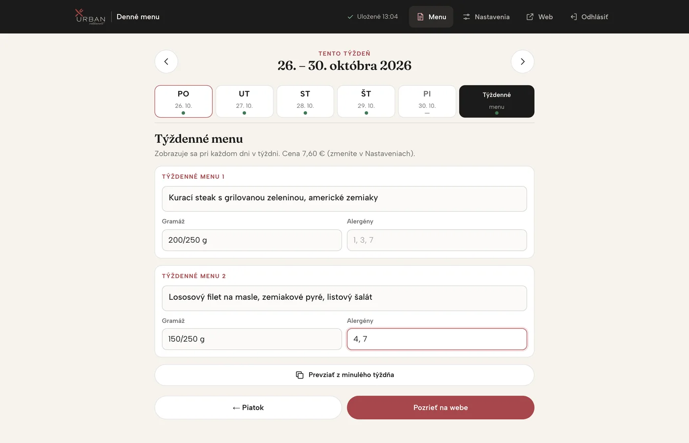 Záložka Týždenné menu s dvoma jedlami a tlačidlom Prevziať z minulého týždňa