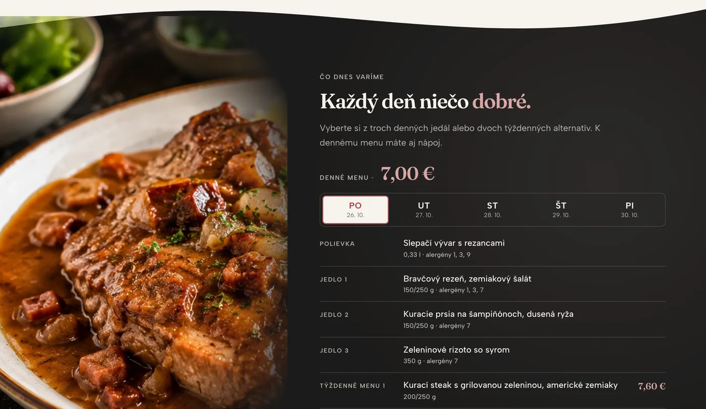 Sekcia Každý deň niečo dobré na verejnom webe – prepínanie dní, cena a jedlá