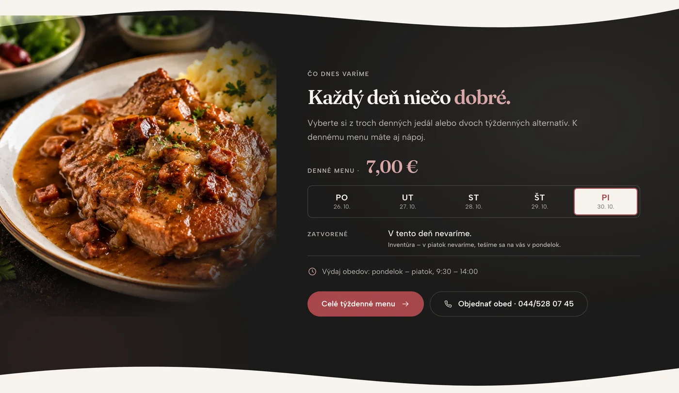 Verejný web – pri piatku je namiesto jedál oznam Zatvorené s poznámkou