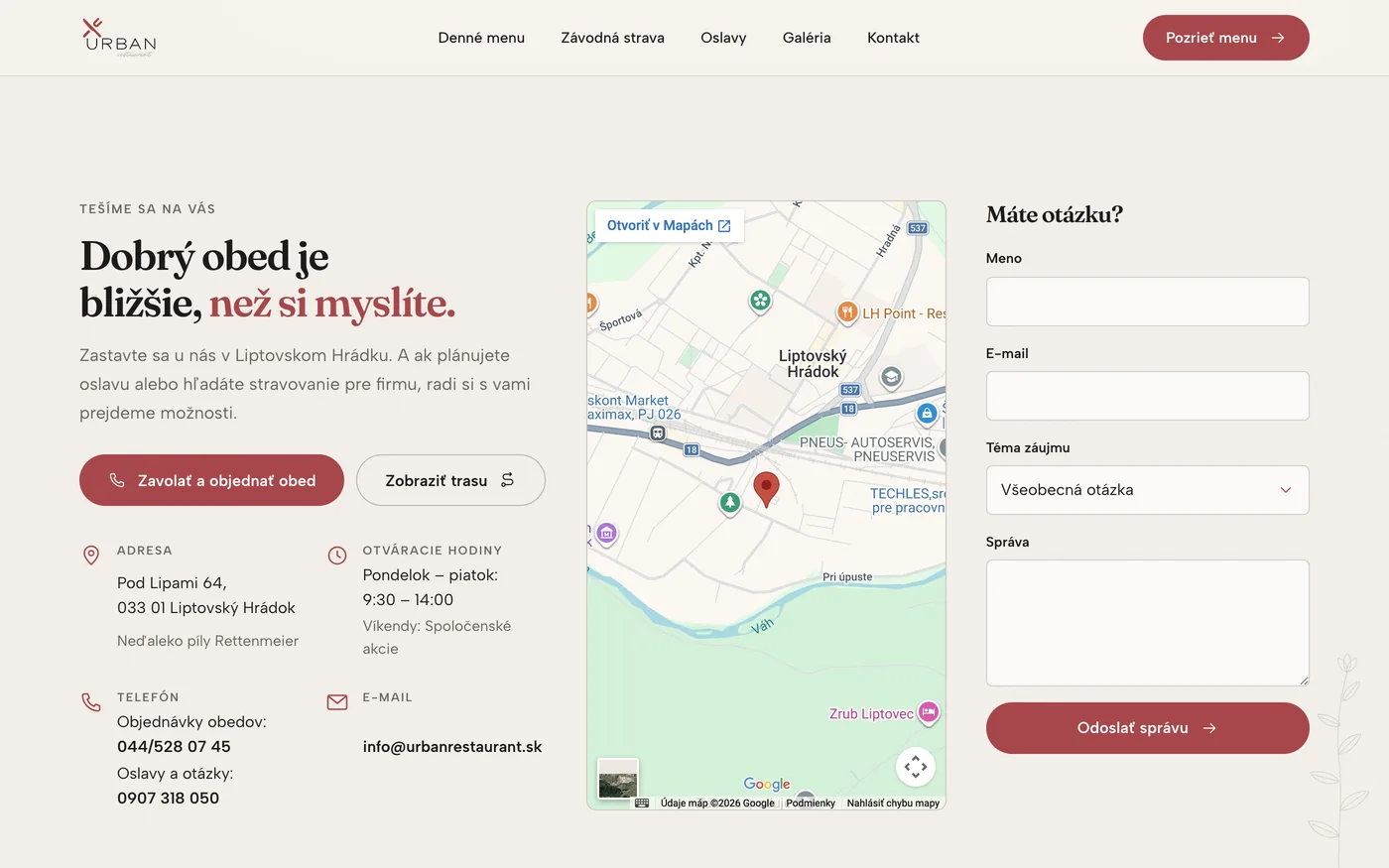Demo reštaurácie – kontakt, mapa a formulár s témou