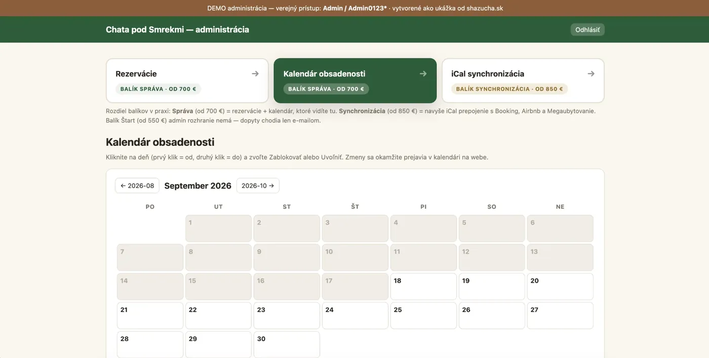 Administrácia webu pre ubytovanie – rezervácie, kalendár obsadenosti a iCal synchronizácia